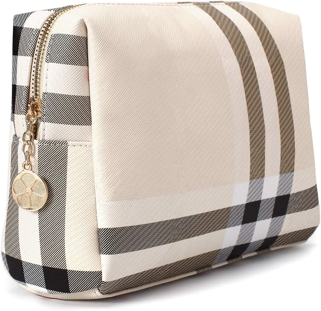 Large Makeup Bag for Purse Luxury Women Cosmetic Bags Designer Make Up Pouch for Toiletry Travel Organizer (Beige)