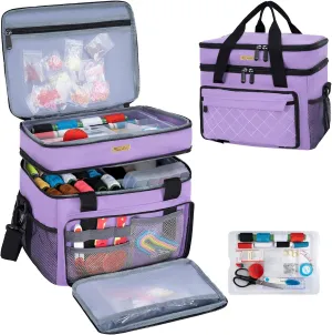 Large Sewing Organizer Bag with Removable Tray, Water-Resistant Double-Layer Sewing Basket for Supplies Accessories with Handle and Adjustable Shoulder Strap, Purple (Bag Only)