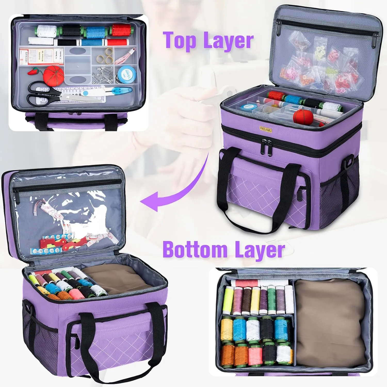Large Sewing Organizer Bag with Removable Tray, Water-Resistant Double-Layer Sewing Basket for Supplies Accessories with Handle and Adjustable Shoulder Strap, Purple (Bag Only)