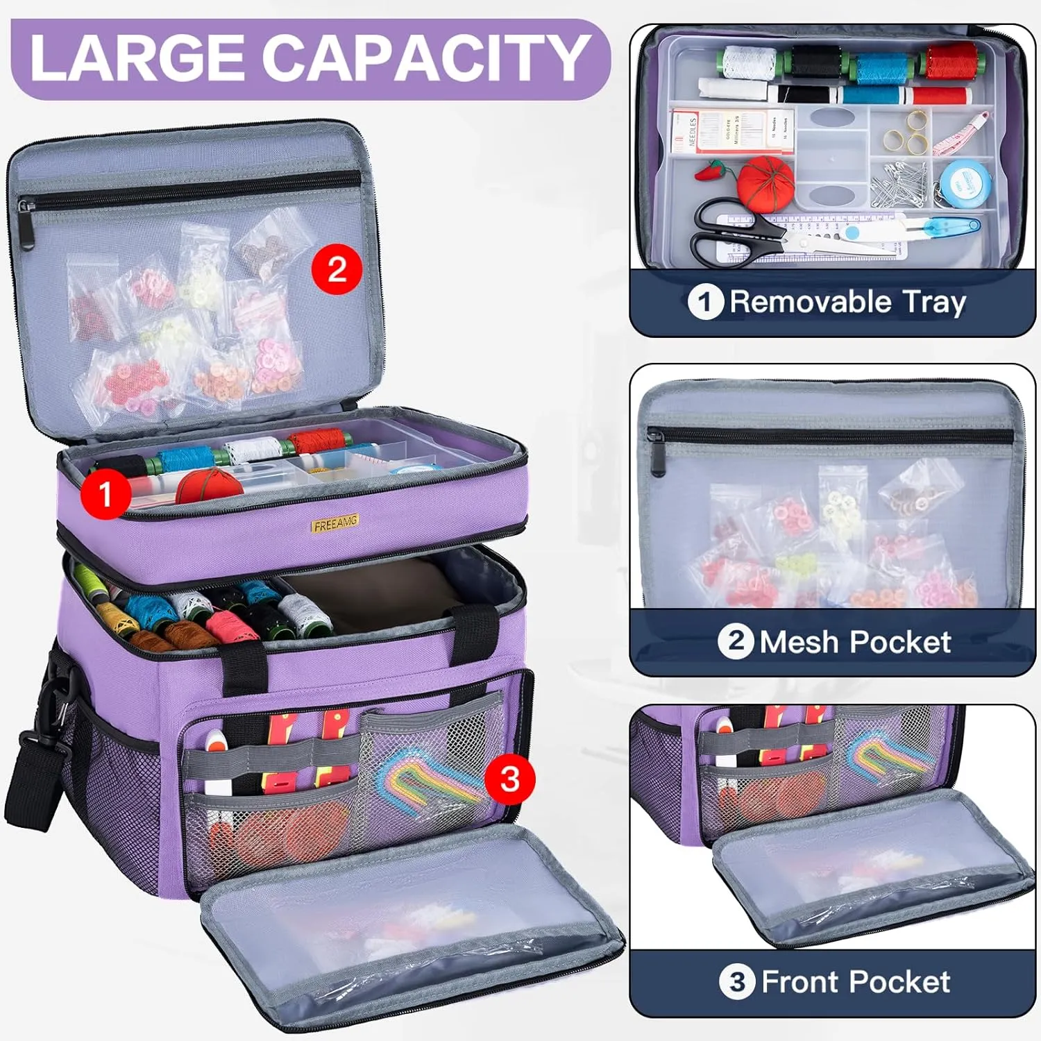 Large Sewing Organizer Bag with Removable Tray, Water-Resistant Double-Layer Sewing Basket for Supplies Accessories with Handle and Adjustable Shoulder Strap, Purple (Bag Only)