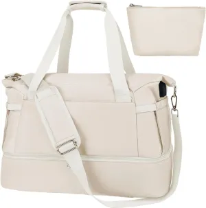 Leaper Sports Duffel Bag with Charging Port, Travel Duffle Weekender Overnight Gym Bag for Women with Wet Pocket and Shoes Compartment, Yoga Crossbody Handbag Beige
