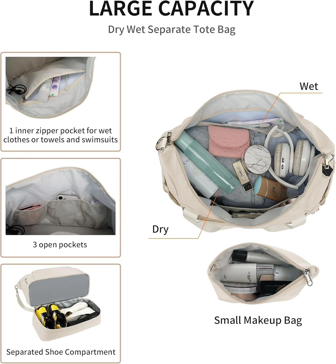 Leaper Sports Duffel Bag with Charging Port, Travel Duffle Weekender Overnight Gym Bag for Women with Wet Pocket and Shoes Compartment, Yoga Crossbody Handbag Beige