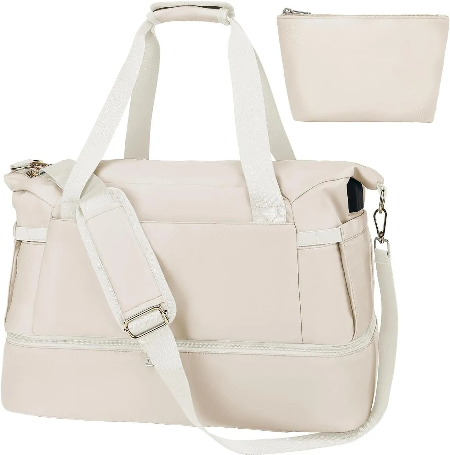 Leaper Sports Duffel Bag with Charging Port, Travel Duffle Weekender Overnight Gym Bag for Women with Wet Pocket and Shoes Compartment, Yoga Crossbody Handbag Beige