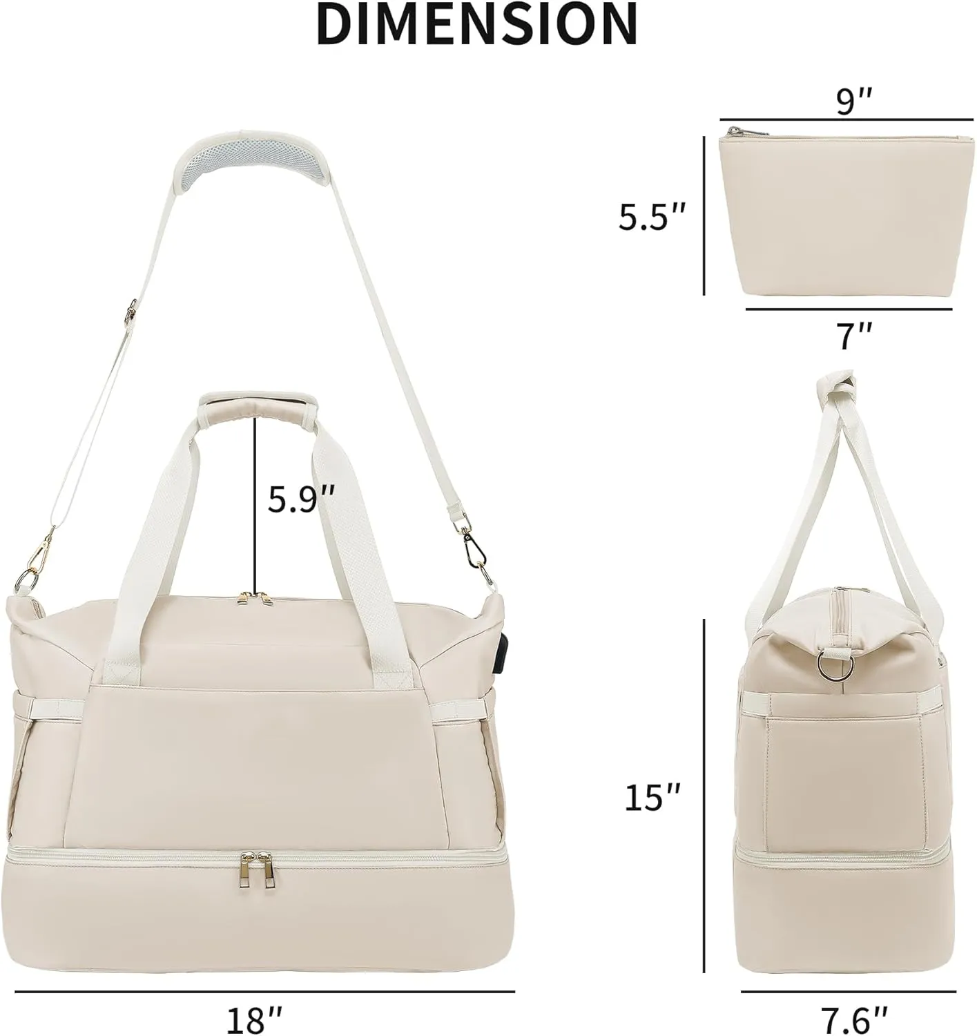 Leaper Sports Duffel Bag with Charging Port, Travel Duffle Weekender Overnight Gym Bag for Women with Wet Pocket and Shoes Compartment, Yoga Crossbody Handbag Beige
