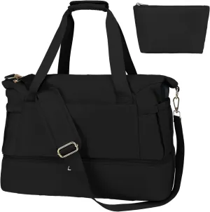 Leaper Sports Duffel Bag with Charging Port, Travel Weekender Overnight Gym Bag for Women, Yoga Crossbody Handbag with Wet Pocket and Shoes Compartment, Black