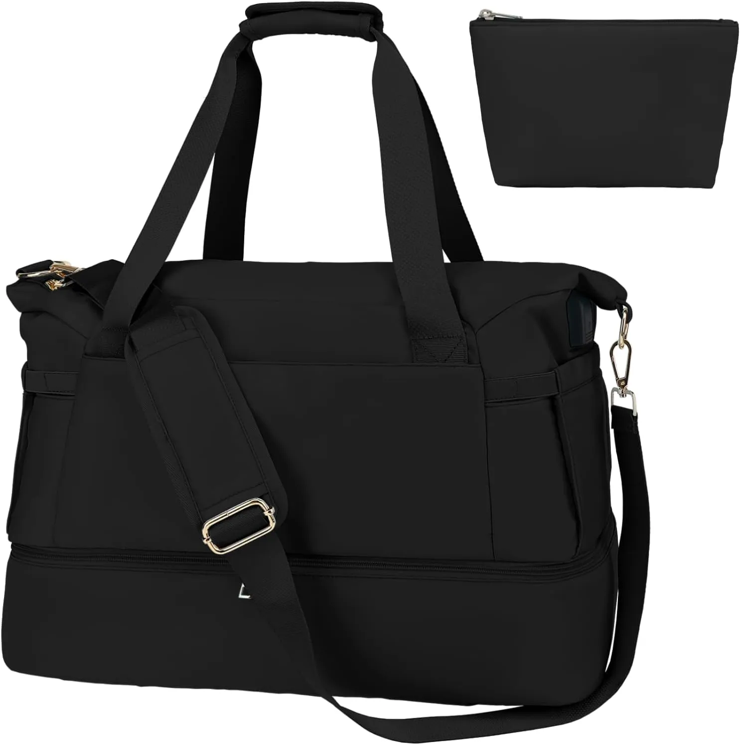 Leaper Sports Duffel Bag with Charging Port, Travel Weekender Overnight Gym Bag for Women, Yoga Crossbody Handbag with Wet Pocket and Shoes Compartment, Black