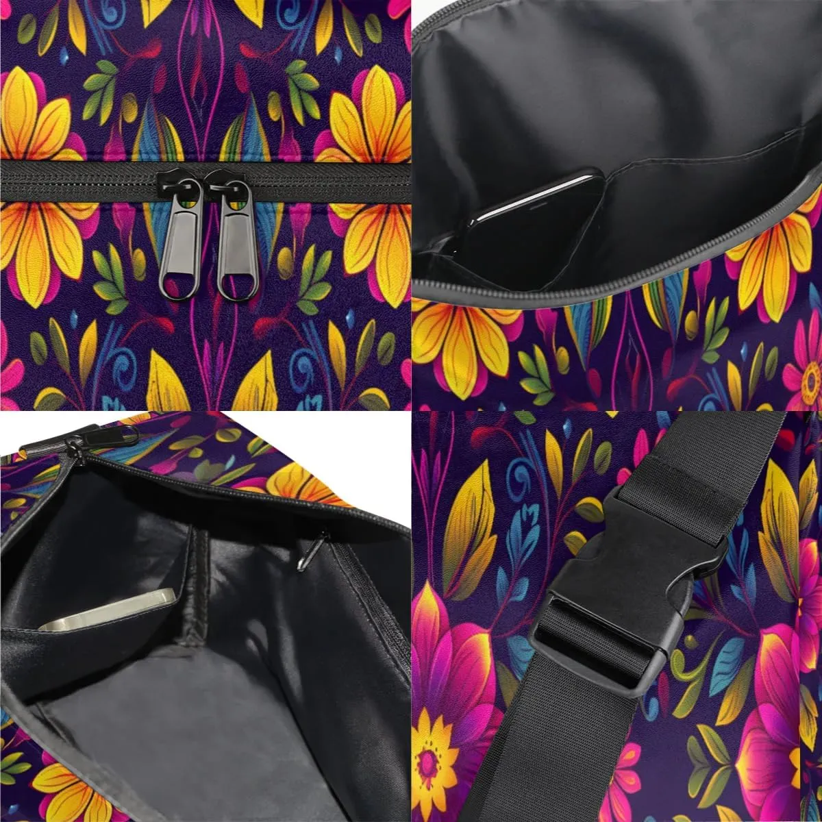 Leather Travel Duffle Bag for Women Men, Boho Flower Floral Small Sports Gym Bag Weekender Overnight Bags Underseat Carry on Luggage Bags for Airplanes, Personal Item Travel Bag,A-029