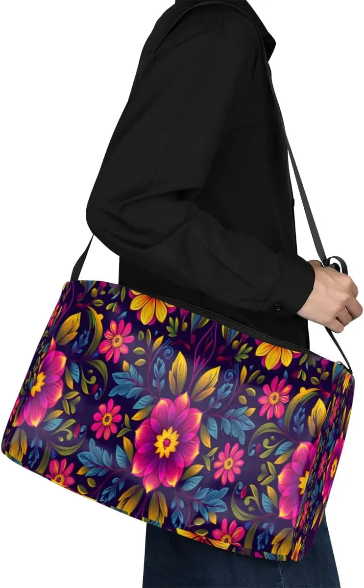 Leather Travel Duffle Bag for Women Men, Boho Flower Floral Small Sports Gym Bag Weekender Overnight Bags Underseat Carry on Luggage Bags for Airplanes, Personal Item Travel Bag,A-029