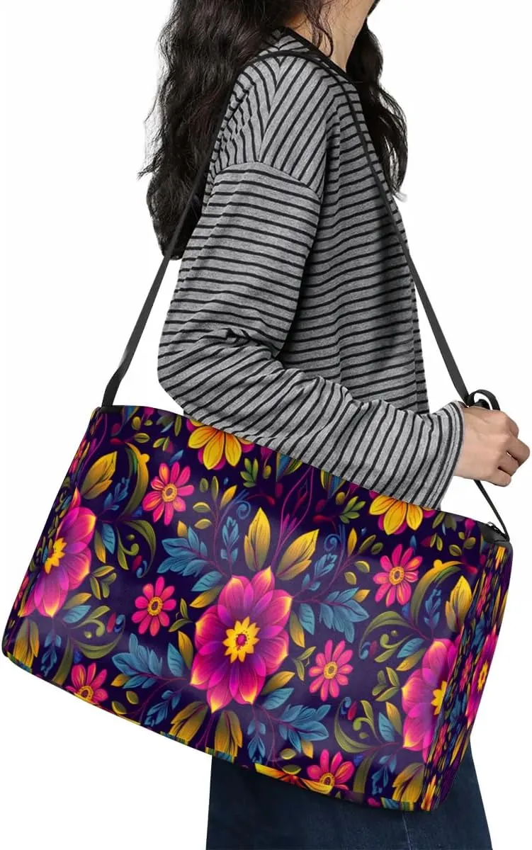 Leather Travel Duffle Bag for Women Men, Boho Flower Floral Small Sports Gym Bag Weekender Overnight Bags Underseat Carry on Luggage Bags for Airplanes, Personal Item Travel Bag,A-029