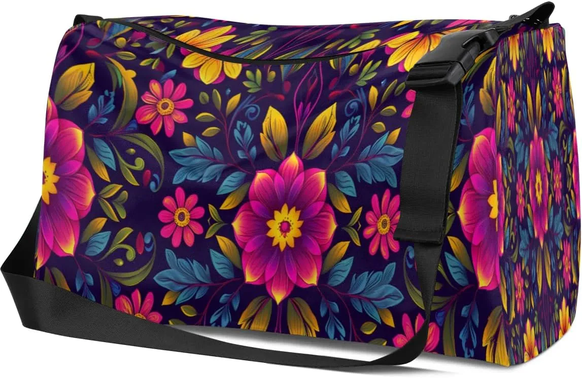 Leather Travel Duffle Bag for Women Men, Boho Flower Floral Small Sports Gym Bag Weekender Overnight Bags Underseat Carry on Luggage Bags for Airplanes, Personal Item Travel Bag,A-029