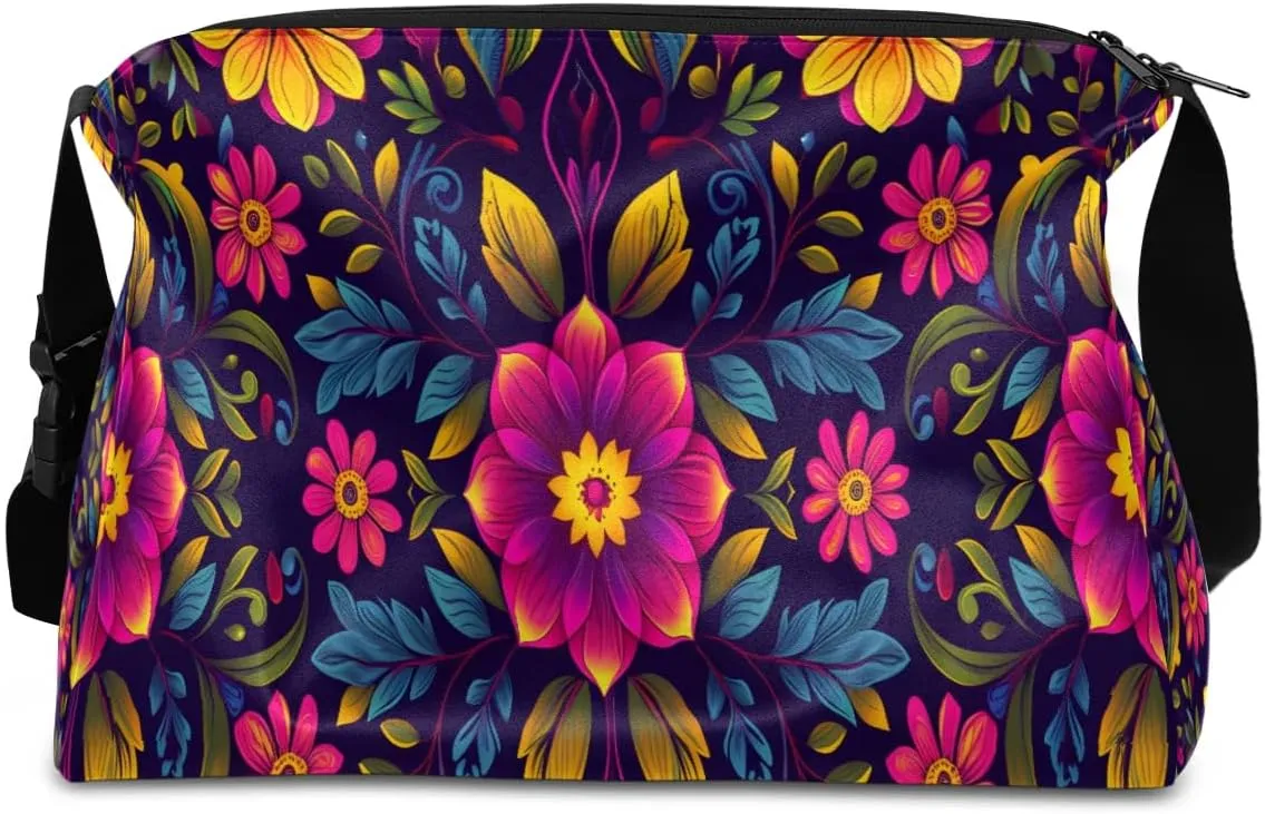 Leather Travel Duffle Bag for Women Men, Boho Flower Floral Small Sports Gym Bag Weekender Overnight Bags Underseat Carry on Luggage Bags for Airplanes, Personal Item Travel Bag,A-029