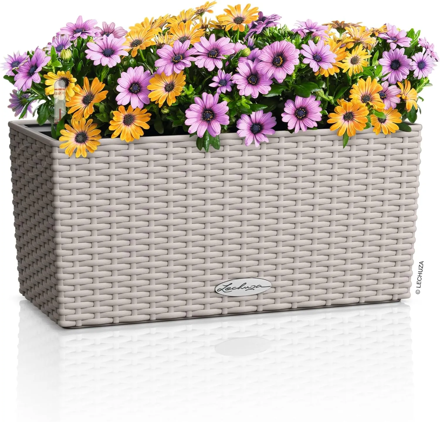 Lechuza - Balcony Planter Cottage 40 Light Grey, Balcony Box with Watering System, Water Level Indicator and Plant Insert, Wicker Look, 40 x 19 x 19 cm, 15473