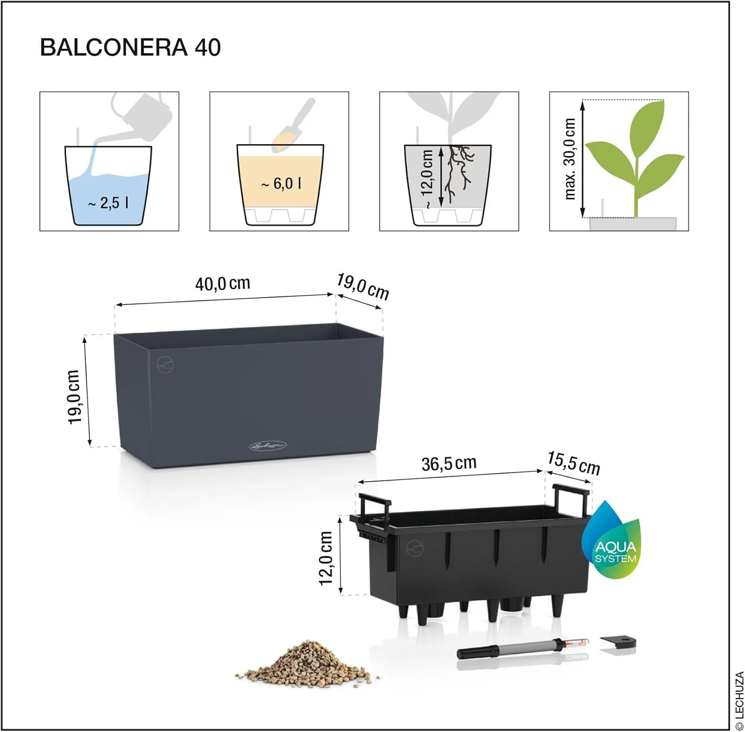 Lechuza - Balcony Planter Cottage 40 Light Grey, Balcony Box with Watering System, Water Level Indicator and Plant Insert, Wicker Look, 40 x 19 x 19 cm, 15473