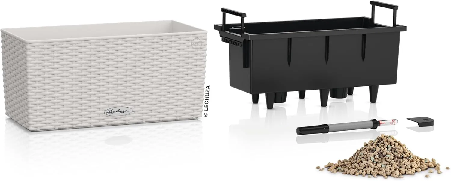 Lechuza - Balcony Planter Cottage 40 Light Grey, Balcony Box with Watering System, Water Level Indicator and Plant Insert, Wicker Look, 40 x 19 x 19 cm, 15473