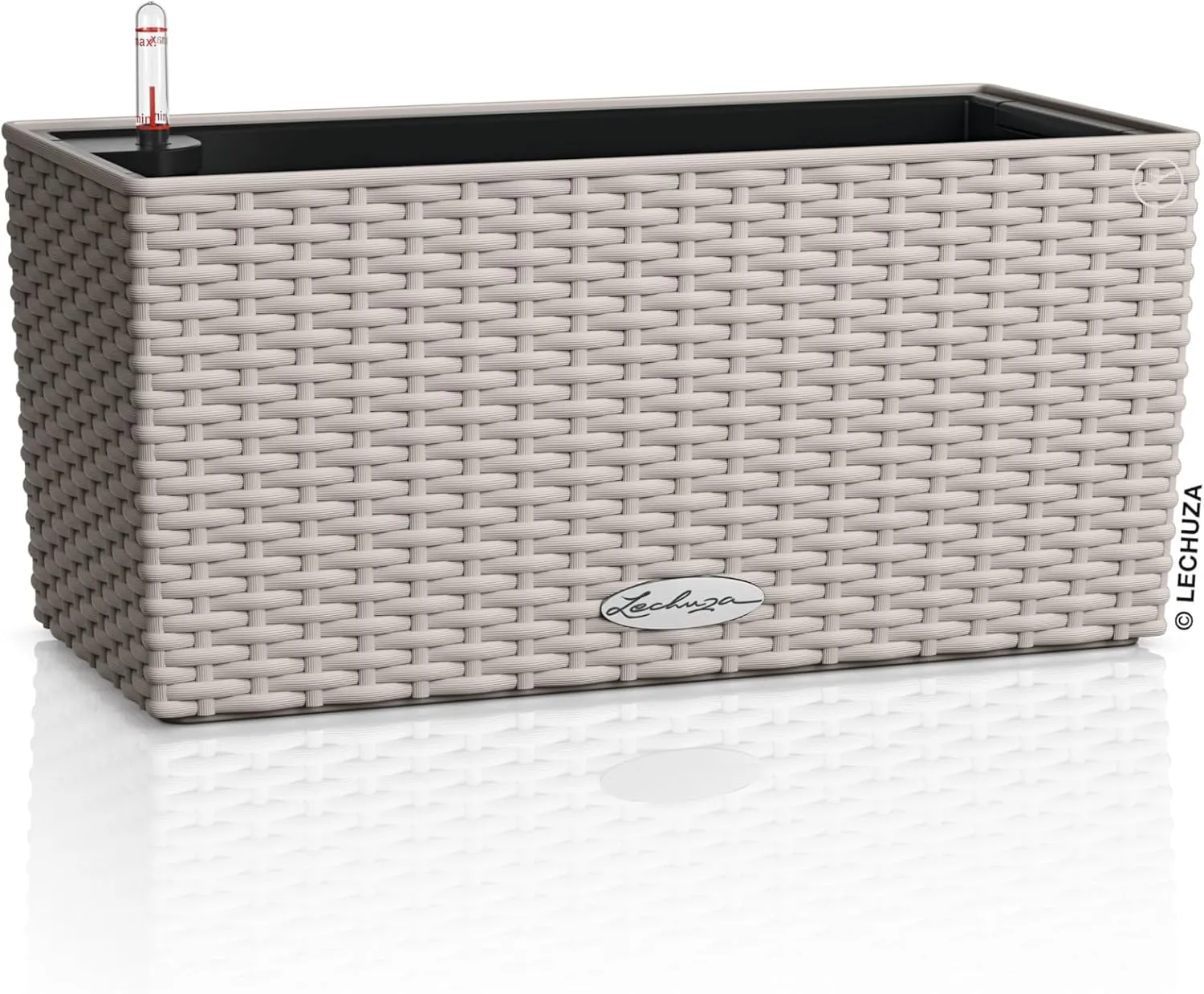 Lechuza - Balcony Planter Cottage 40 Light Grey, Balcony Box with Watering System, Water Level Indicator and Plant Insert, Wicker Look, 40 x 19 x 19 cm, 15473