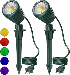LED Outdoor Spotlights, 120V 5W Plug in Spot Light with 5 Lenses (Red Green Yellow Blue Purple), 360° Rotatable, 6000K, Waterproof Landscape Lighting for Flag Tree Garden, 2 Pack