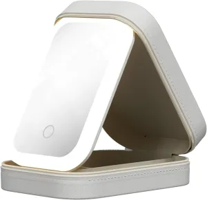 LED Three-Color Adjustable Makeup Mirror,Smart Touch LED Makeup Mirror - Three Color Dimmable, Portable Organizer Bag with Adjustable Dividers, Vanity Mirror Jewelry Box (White)