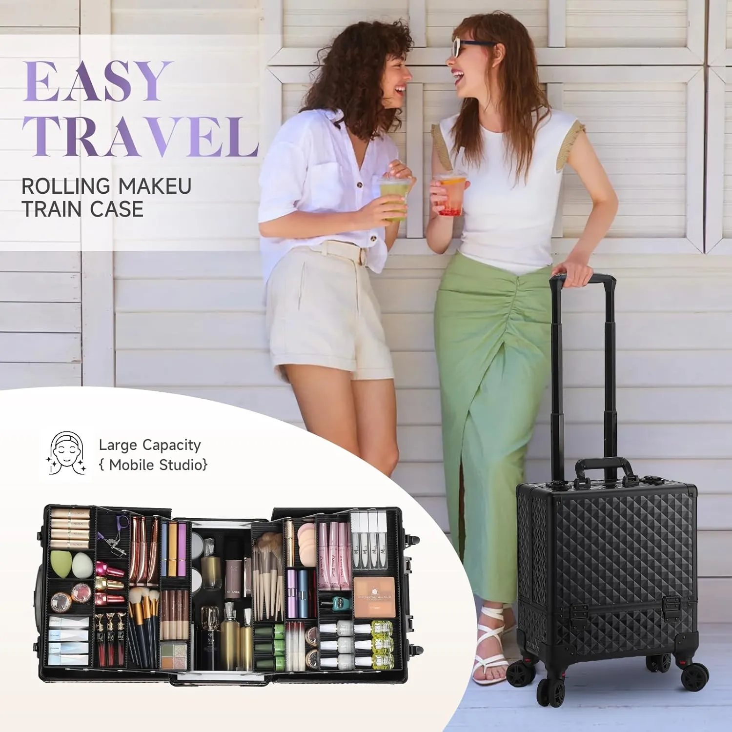 Leeora&Leekoo High-Capacity Multilayer Portable Nail Case for Nail Tech Organizer with Wheels - Lockable Makeup Case Organizer, Cosmetic Case, Makeup Train Case (watercube pattern)