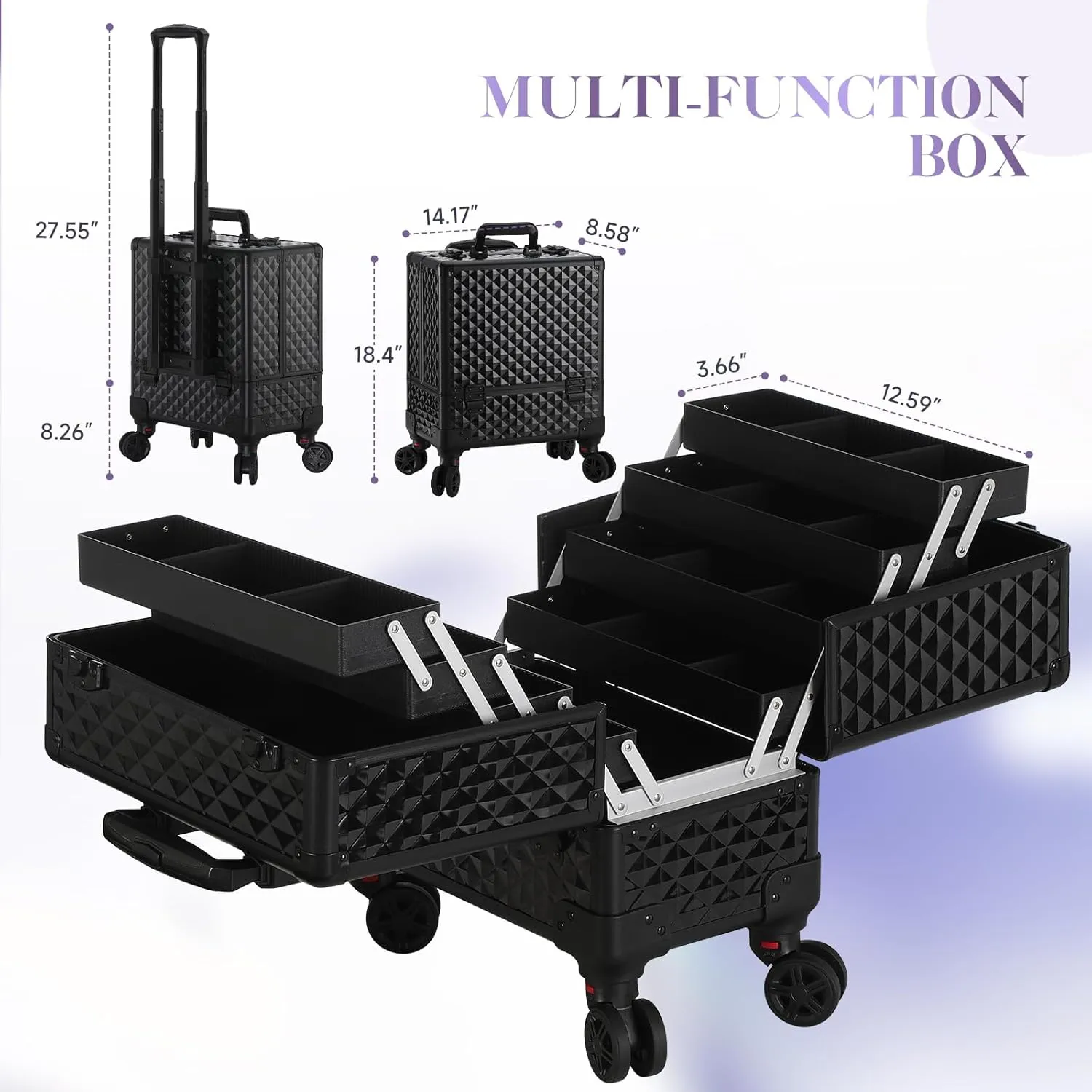 Leeora&Leekoo High-Capacity Multilayer Portable Nail Case for Nail Tech Organizer with Wheels - Lockable Makeup Case Organizer, Cosmetic Case, Makeup Train Case (watercube pattern)