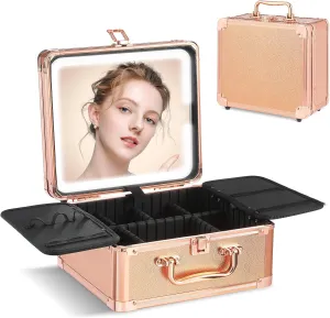 Leeora&Leekoo Makeup Box with LED Mirror & Aluminum Frame, Compact Multi-Layer Cosmetic Organizer - Portable ABS Travel Train Case for Makeup Storage(Gift for Girlfriend/Daughter) (Gold)