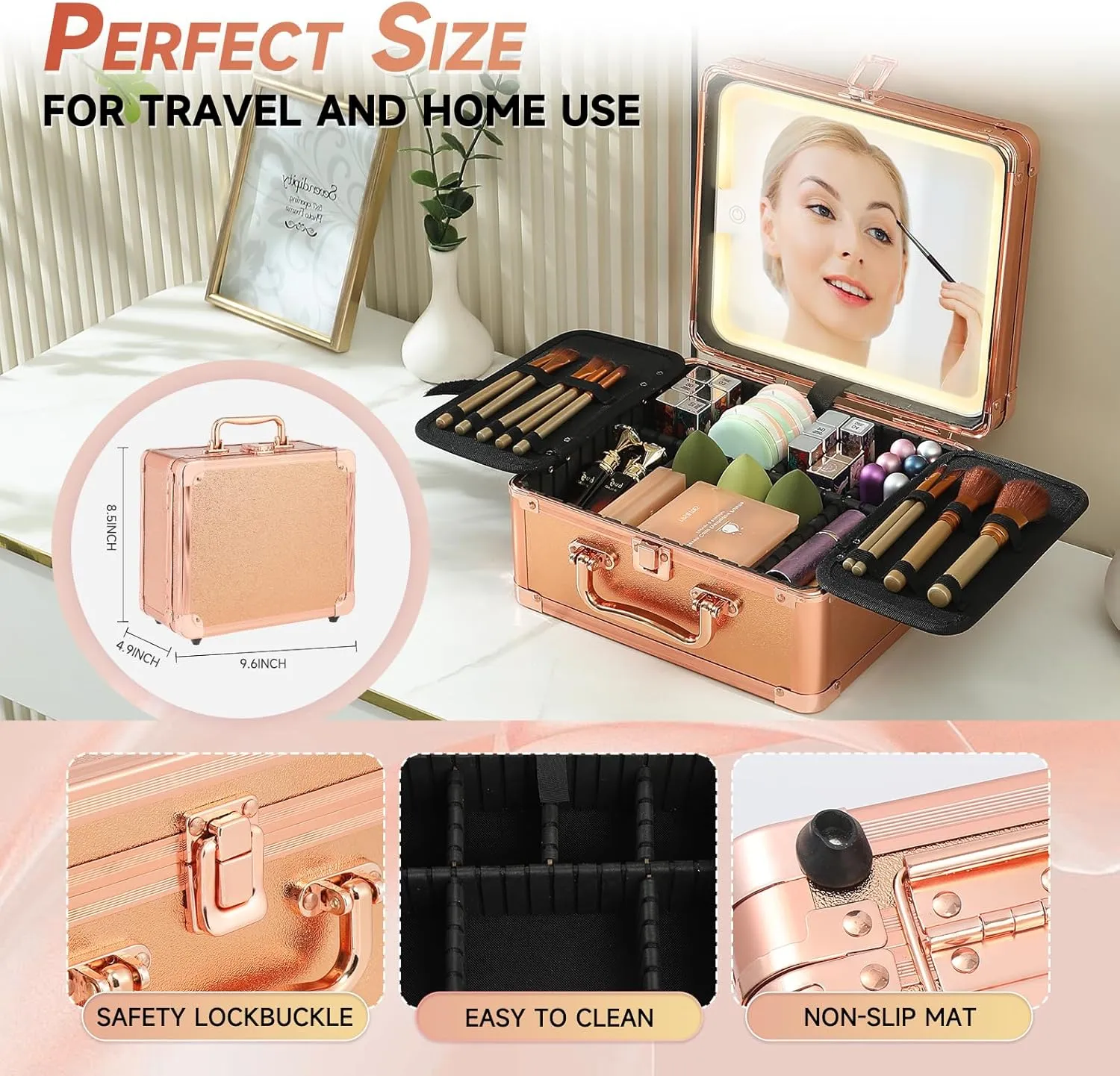 Leeora&Leekoo Makeup Box with LED Mirror & Aluminum Frame, Compact Multi-Layer Cosmetic Organizer - Portable ABS Travel Train Case for Makeup Storage(Gift for Girlfriend/Daughter) (Gold)
