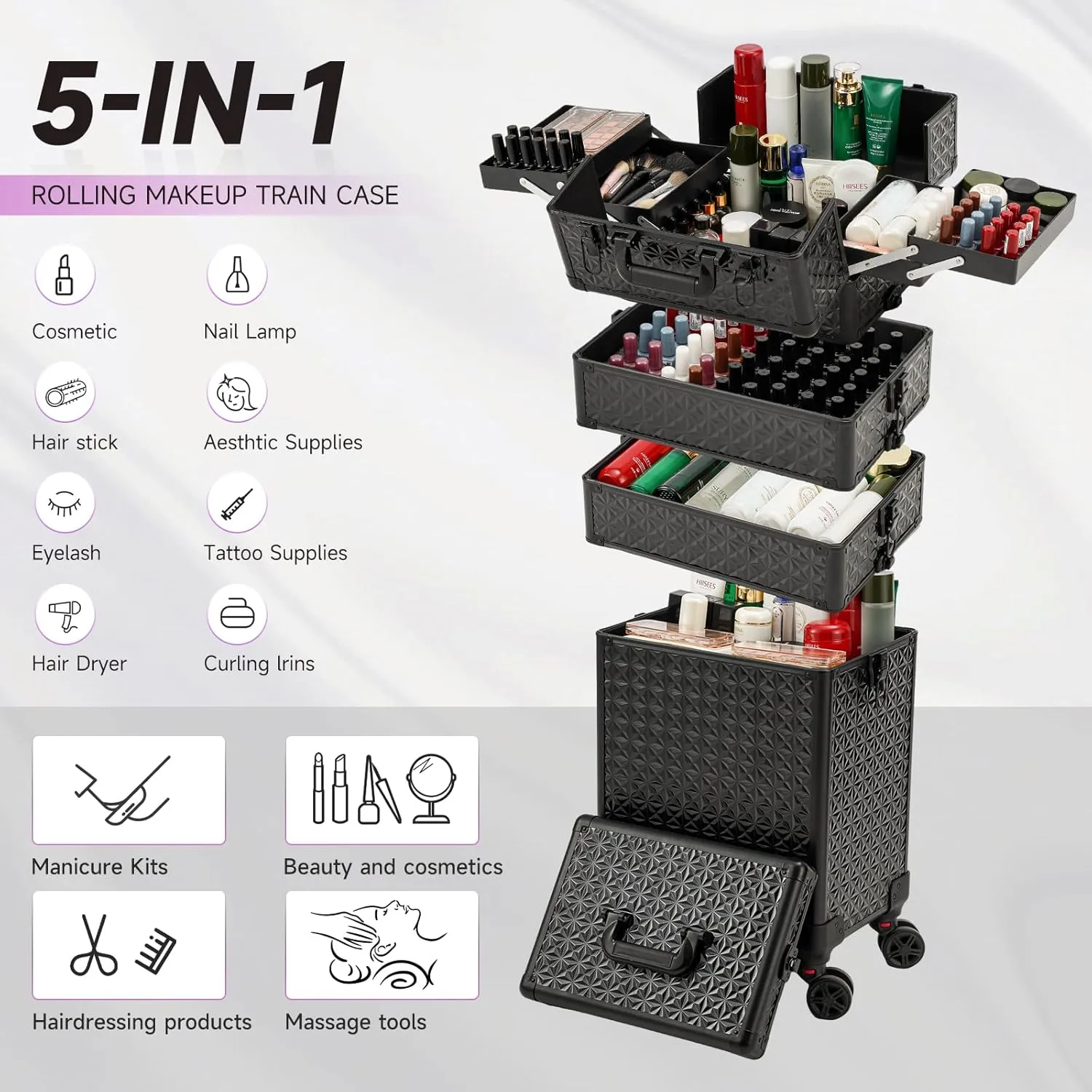 Leeora&Leekoo Portable Multi-Storey Nail Case for Nail Tech Organizer - Wheels Makeup Case Organizer, Cosmetic Case, Makeup Train Case, Make Up Case (Black)