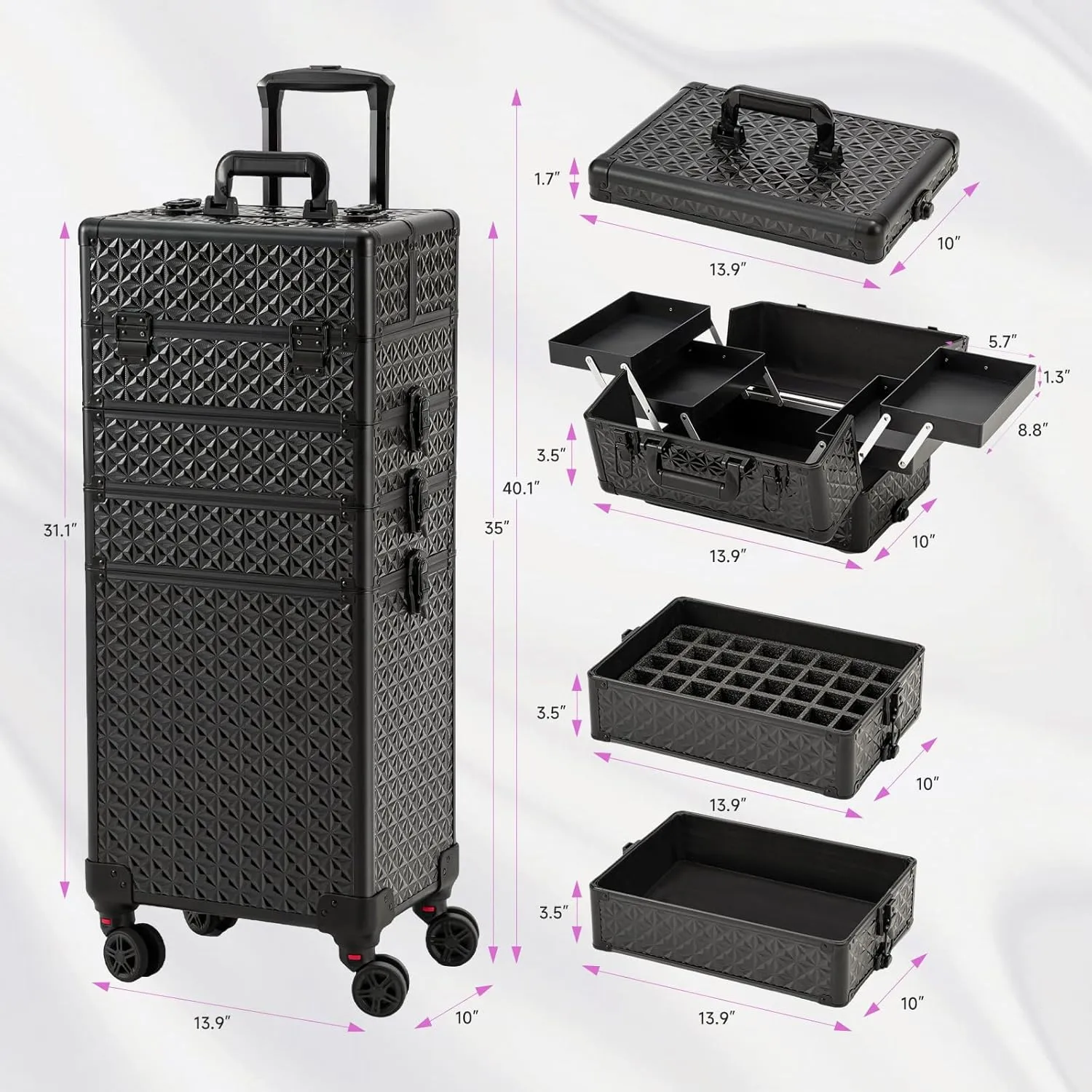 Leeora&Leekoo Portable Multi-Storey Nail Case for Nail Tech Organizer - Wheels Makeup Case Organizer, Cosmetic Case, Makeup Train Case, Make Up Case (Black)
