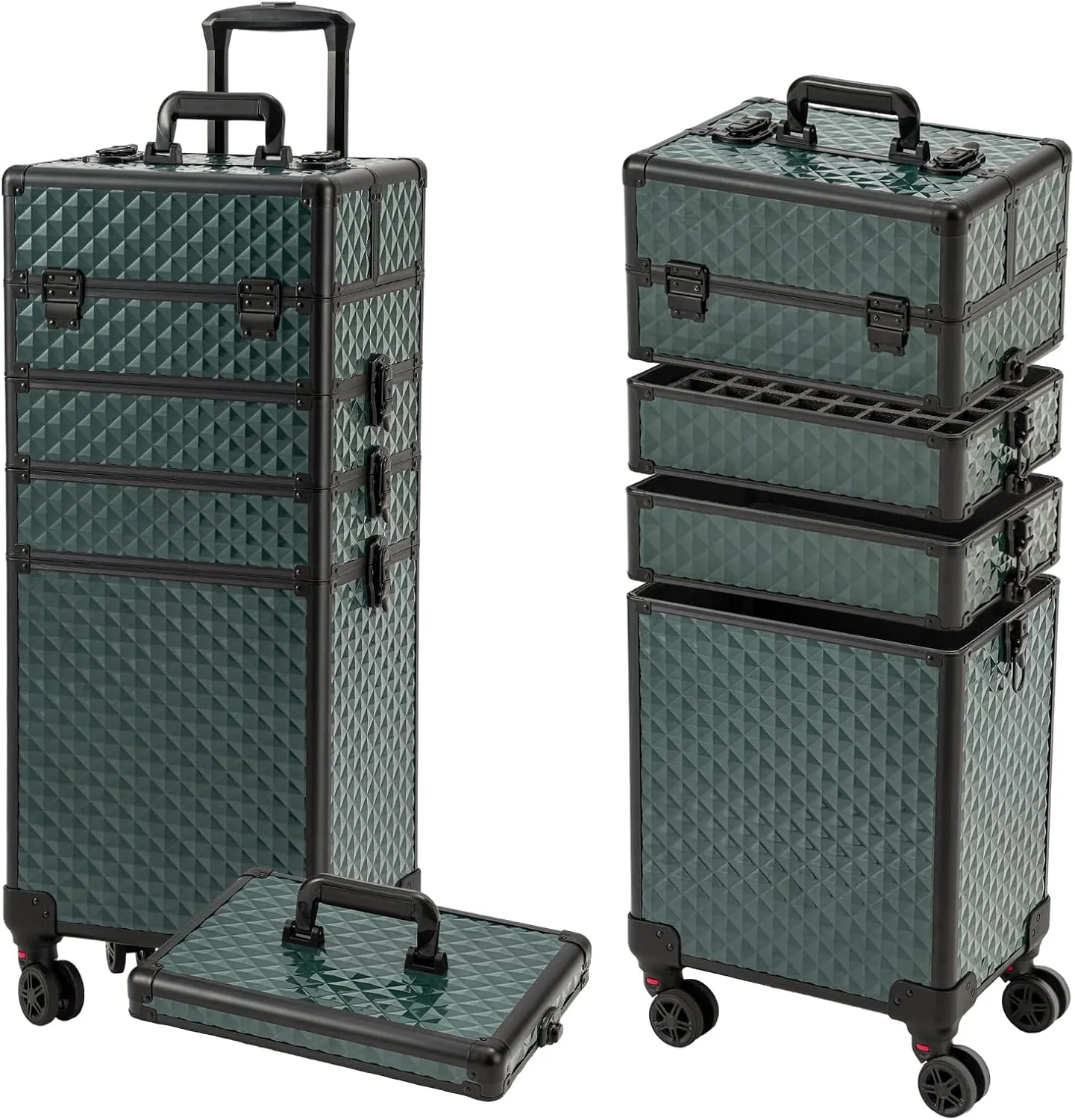 Leeora&Leekoo Portable Multi-Storey Nail Case for Nail Tech Organizer - Wheels Makeup Case Organizer, Cosmetic Case, Makeup Train Case, Make Up Case (Dark Green)