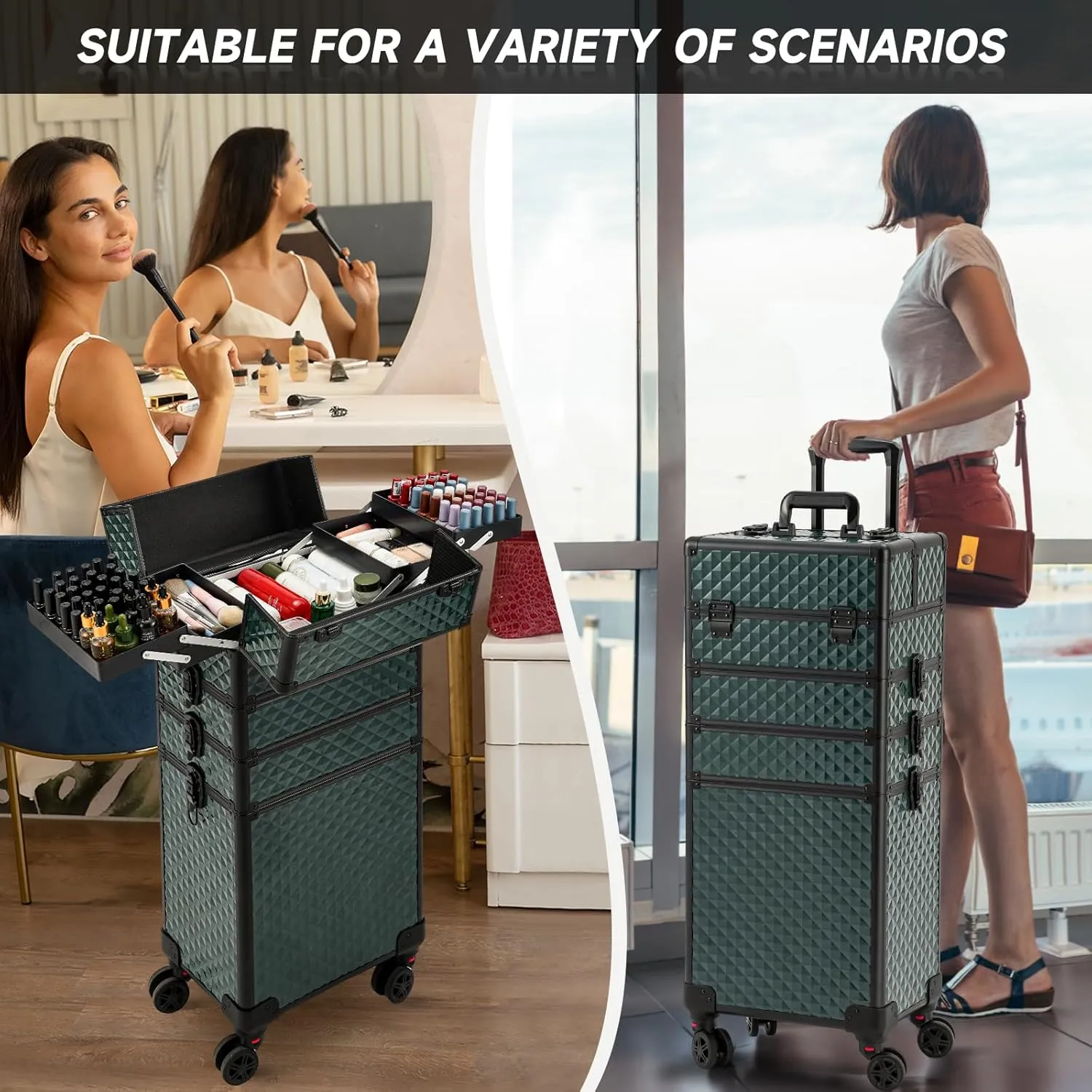Leeora&Leekoo Portable Multi-Storey Nail Case for Nail Tech Organizer - Wheels Makeup Case Organizer, Cosmetic Case, Makeup Train Case, Make Up Case (Dark Green)