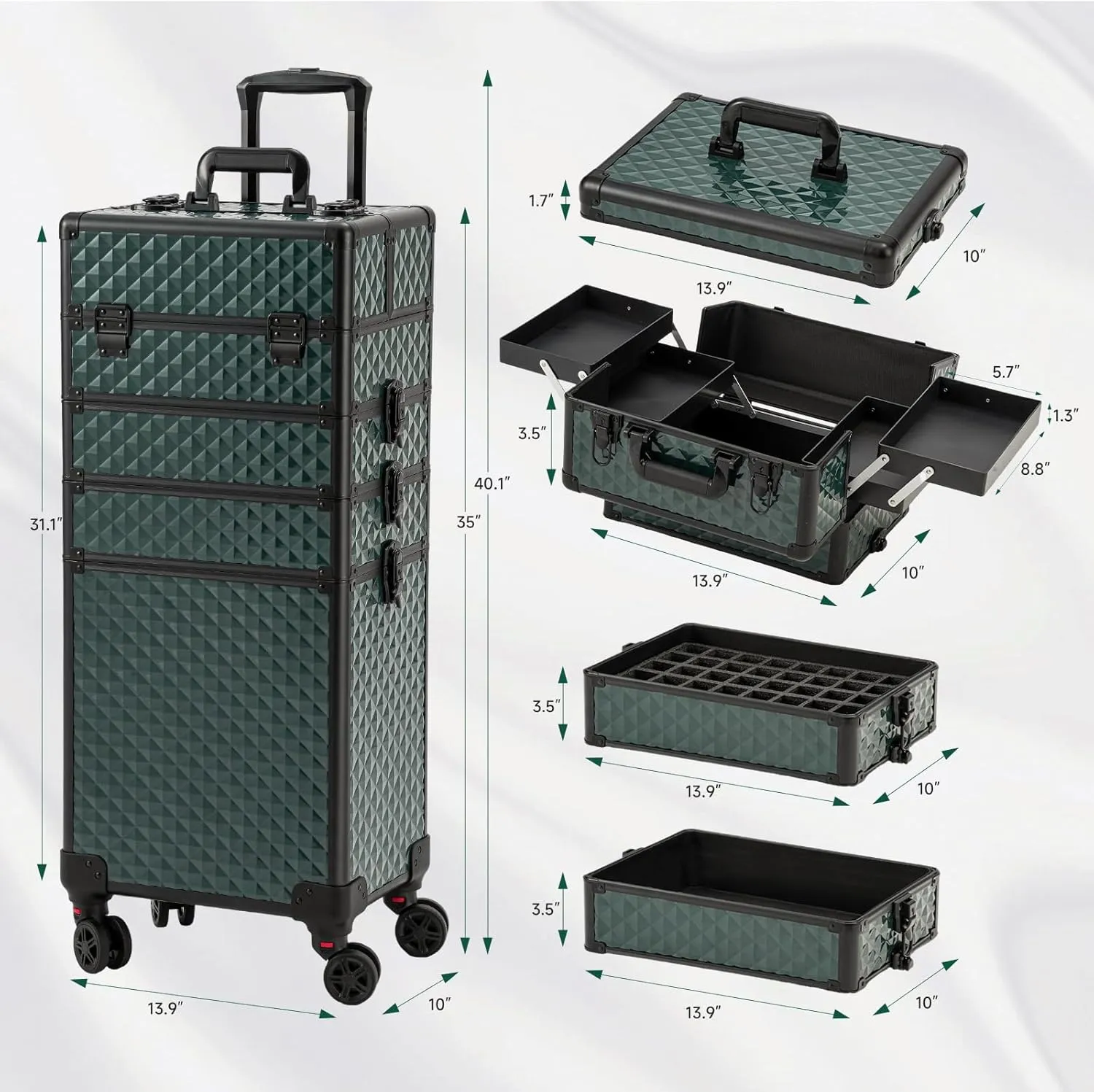 Leeora&Leekoo Portable Multi-Storey Nail Case for Nail Tech Organizer - Wheels Makeup Case Organizer, Cosmetic Case, Makeup Train Case, Make Up Case (Dark Green)