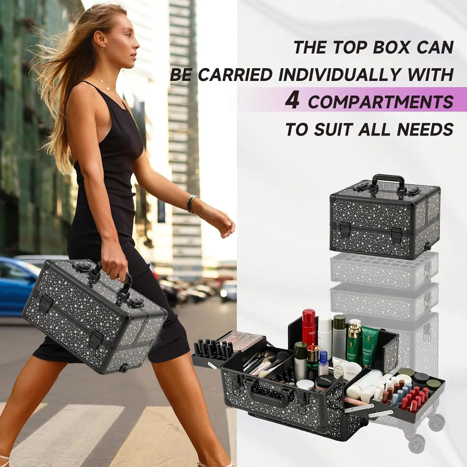 Leeora&Leekoo Portable Multi-Storey Nail Case for Nail Tech Organizer - Wheels Makeup Case Organizer, Cosmetic Case, Makeup Train Case, Make Up Case (Flashing Star)