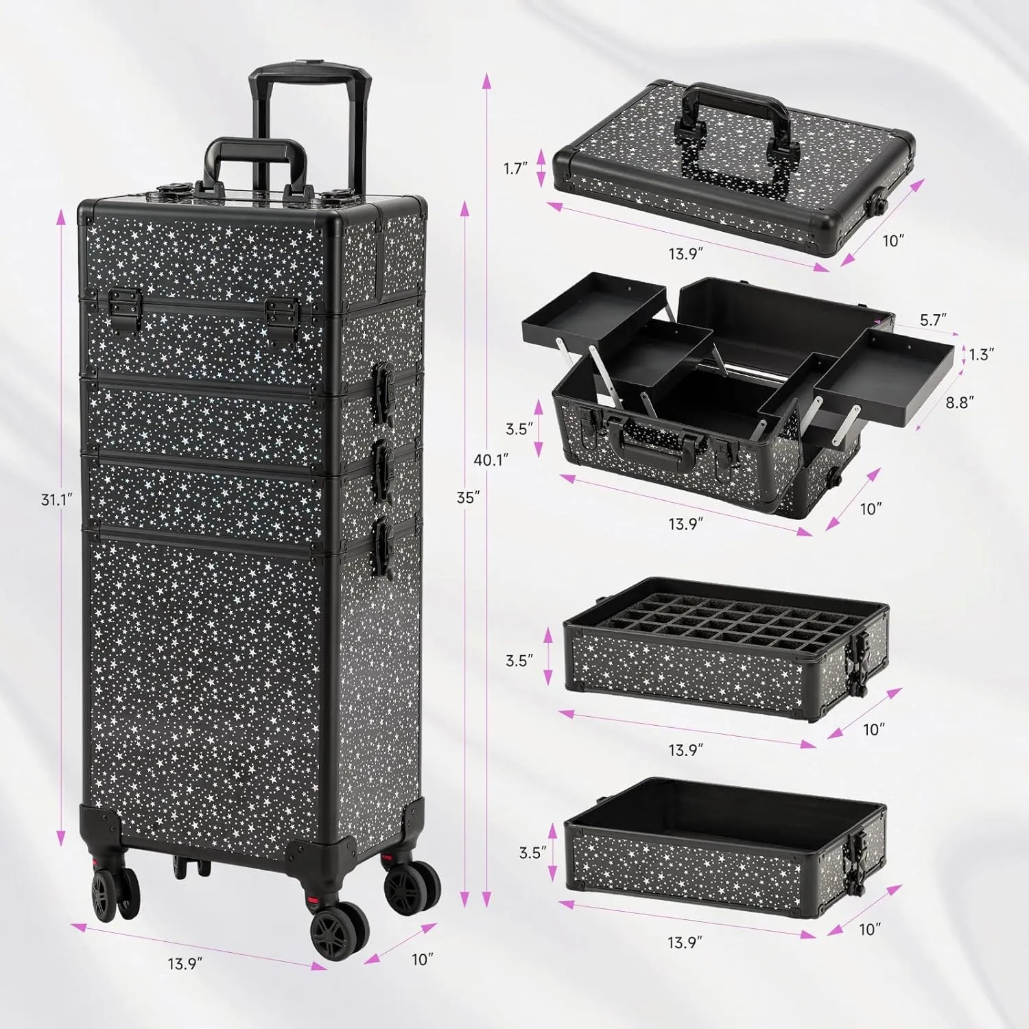 Leeora&Leekoo Portable Multi-Storey Nail Case for Nail Tech Organizer - Wheels Makeup Case Organizer, Cosmetic Case, Makeup Train Case, Make Up Case (Flashing Star)