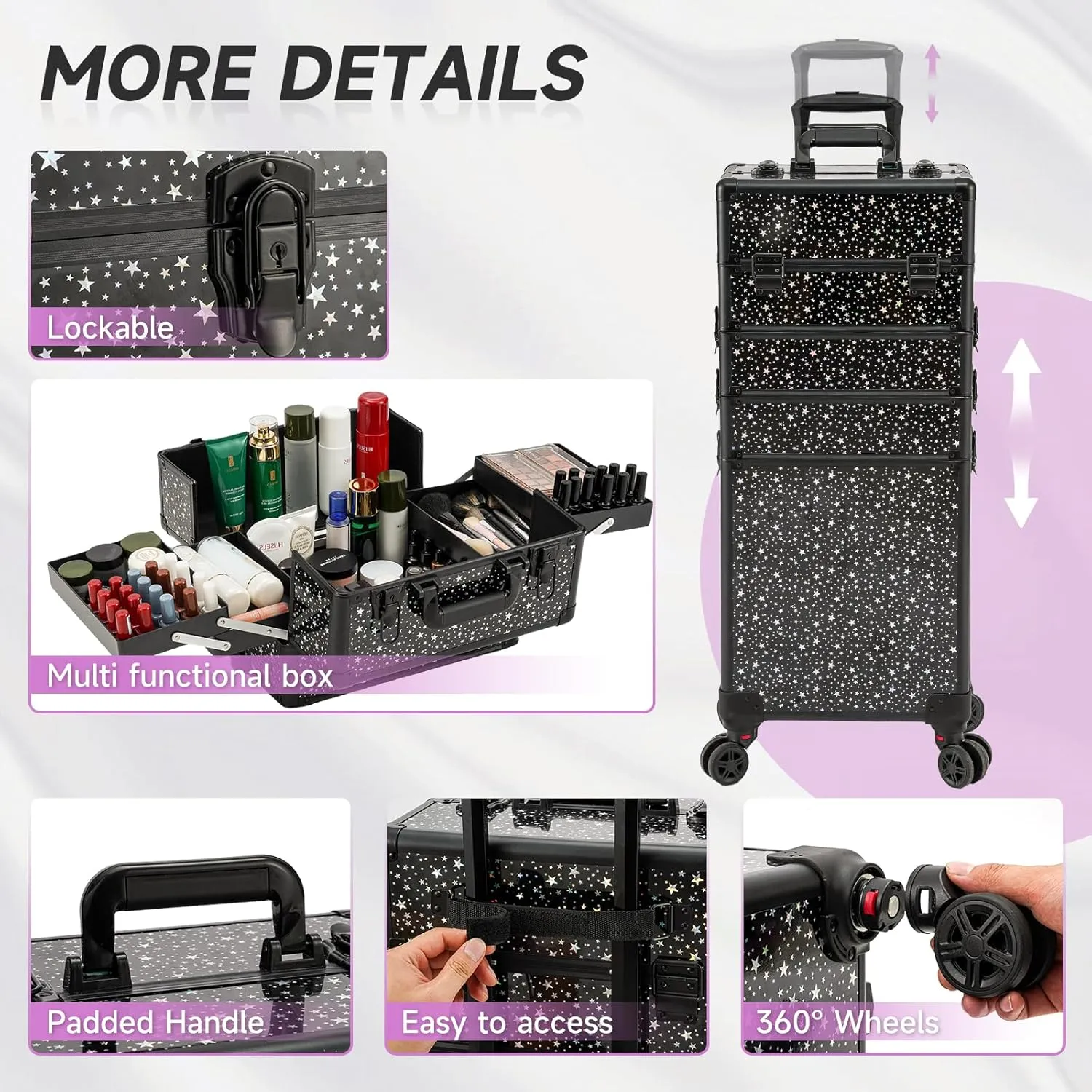 Leeora&Leekoo Portable Multi-Storey Nail Case for Nail Tech Organizer - Wheels Makeup Case Organizer, Cosmetic Case, Makeup Train Case, Make Up Case (Flashing Star)