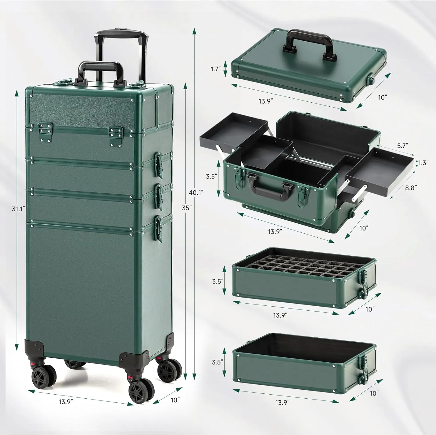 Leeora&Leekoo Portable Multi-Storey Nail Case for Nail Tech Organizer - Wheels Makeup Case Organizer, Cosmetic Case, Makeup Train Case, Make Up Case (Green)