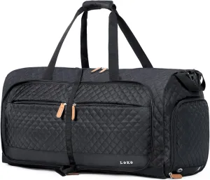 Lekesky Foldable Travel Duffel Bag for Women, 80L Large Duffle Bag with Separate Shoes Compartments & Straps, Carry On Weekend Bag for Women, Hospital, Overnight(Black Quilted)