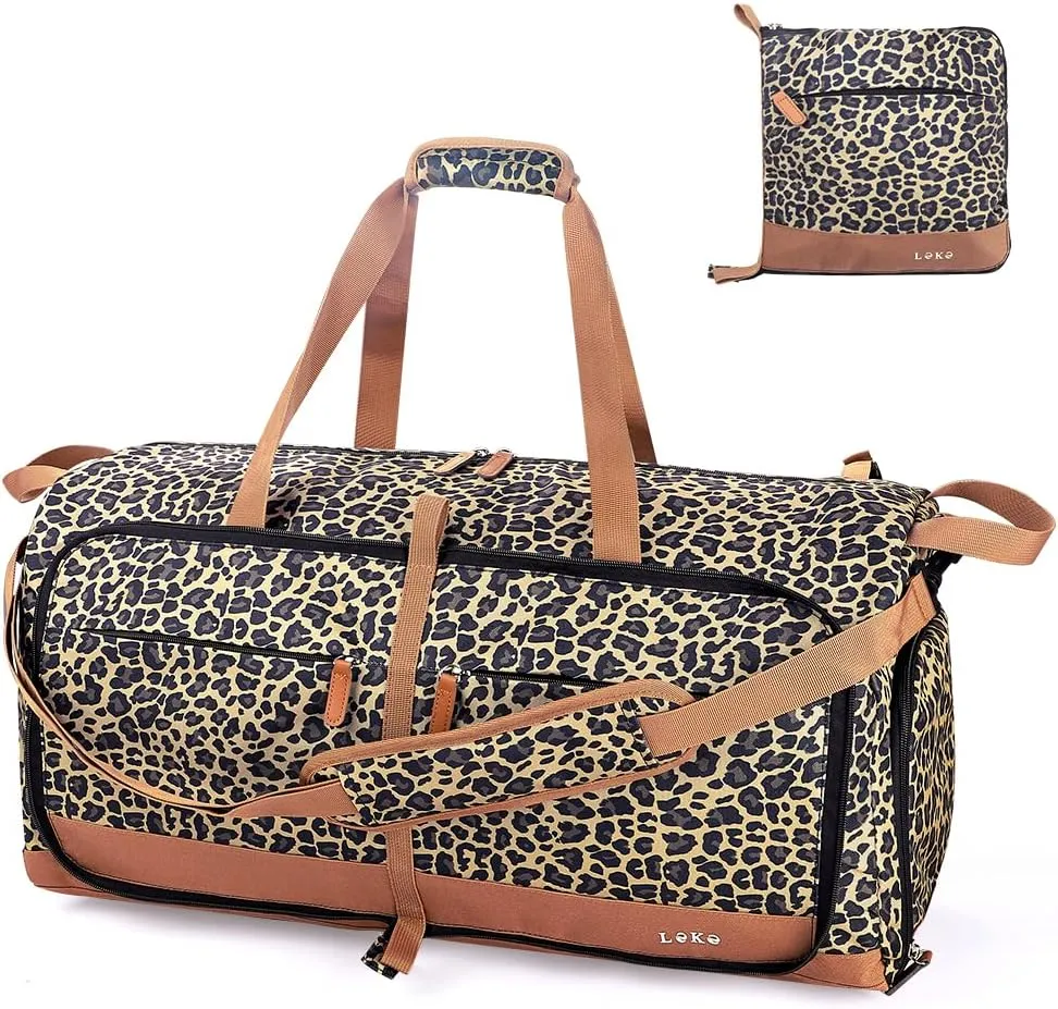 Lekesky Foldable Travel Duffel Bag for Women, 80L Large Duffle Bag with Separate Shoes Compartments & Straps, Carry On Weekend Bag for Women, Hospital, Overnight(Leapord)