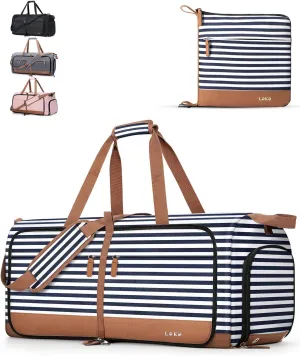 Lekesky Foldable Travel Duffle Bag for Women, 120L Large Duffel Bag with Separate Shoes Compartments & Straps, Carry On Weekend Bag for Women, Hospital, Overnight (Blue Stripes)