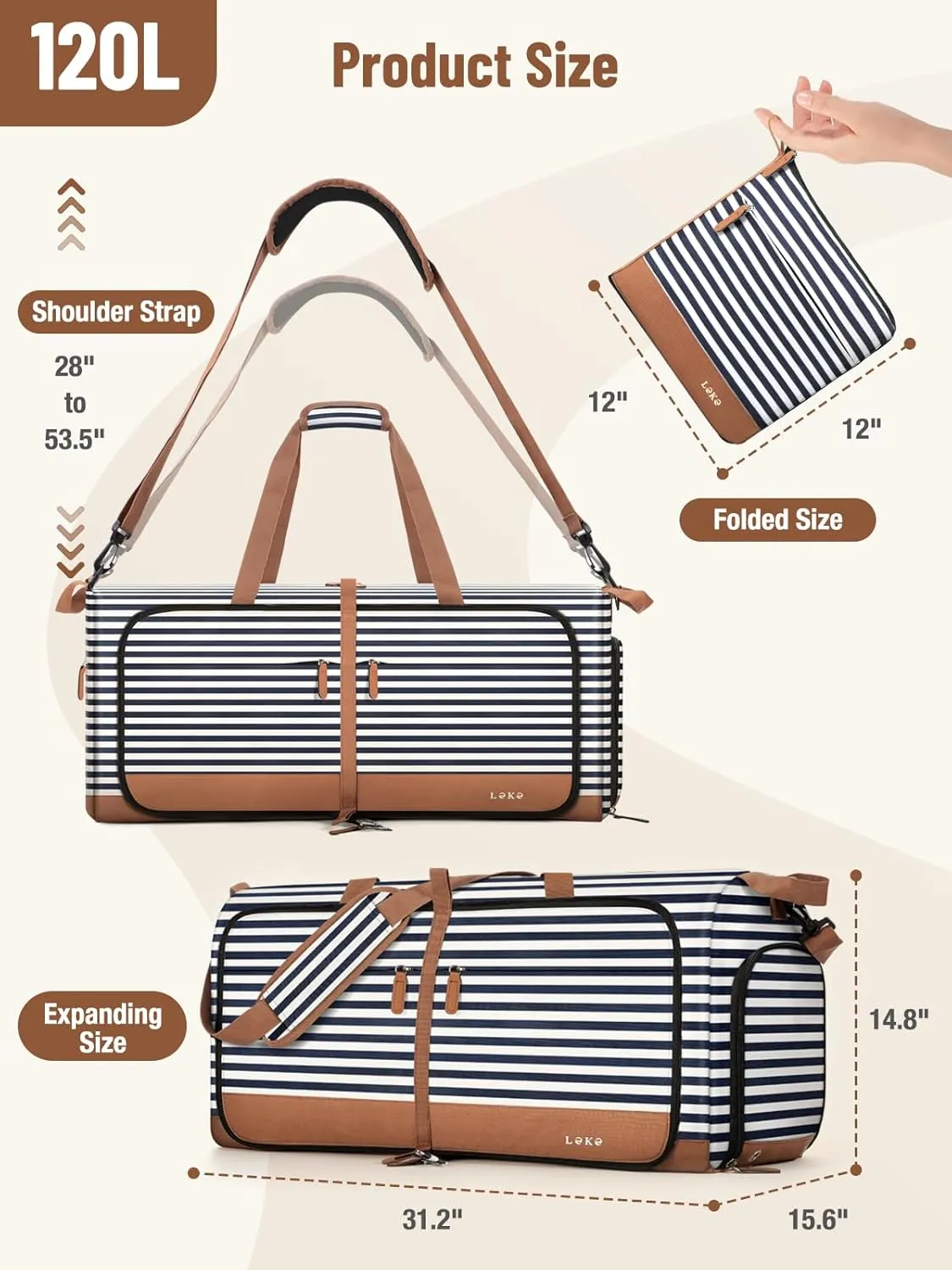 Lekesky Foldable Travel Duffle Bag for Women, 120L Large Duffel Bag with Separate Shoes Compartments & Straps, Carry On Weekend Bag for Women, Hospital, Overnight (Blue Stripes)