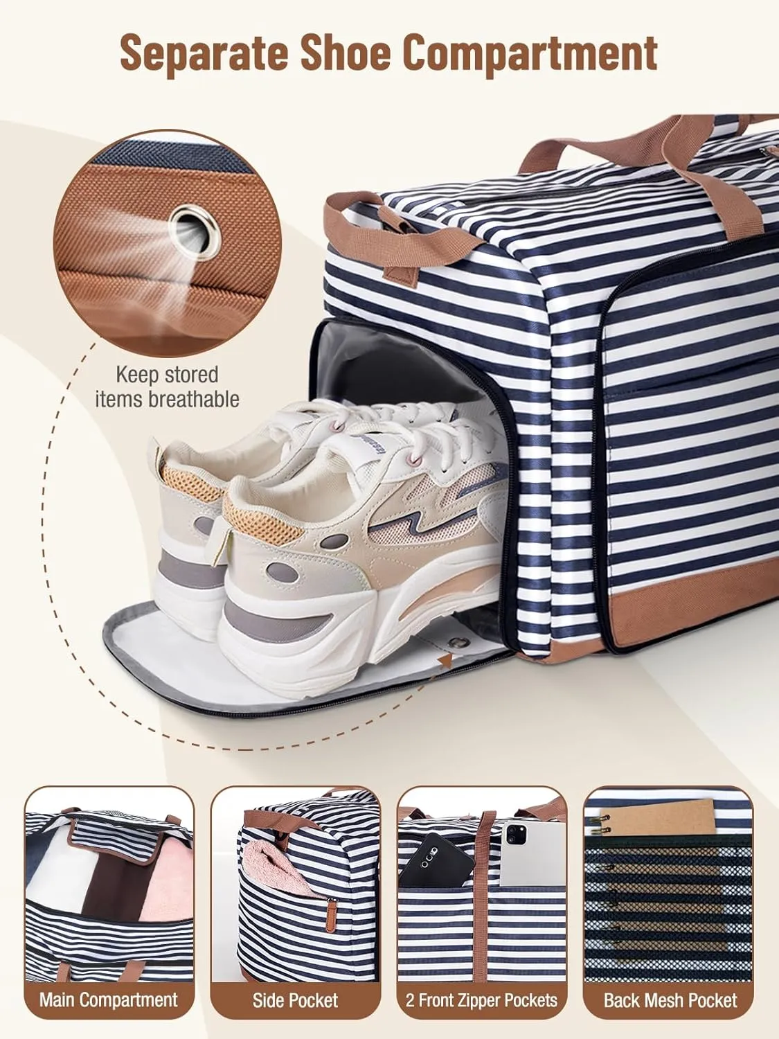 Lekesky Foldable Travel Duffle Bag for Women, 120L Large Duffel Bag with Separate Shoes Compartments & Straps, Carry On Weekend Bag for Women, Hospital, Overnight (Blue Stripes)
