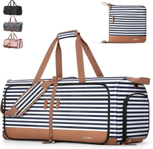 Lekesky Foldable Travel Duffle Bag for Women, 150L Large Duffel Bag with Separate Shoes Compartments & Straps, Carry On Weekend Bag for Women, Hospital, Overnight (Blue Stripes)