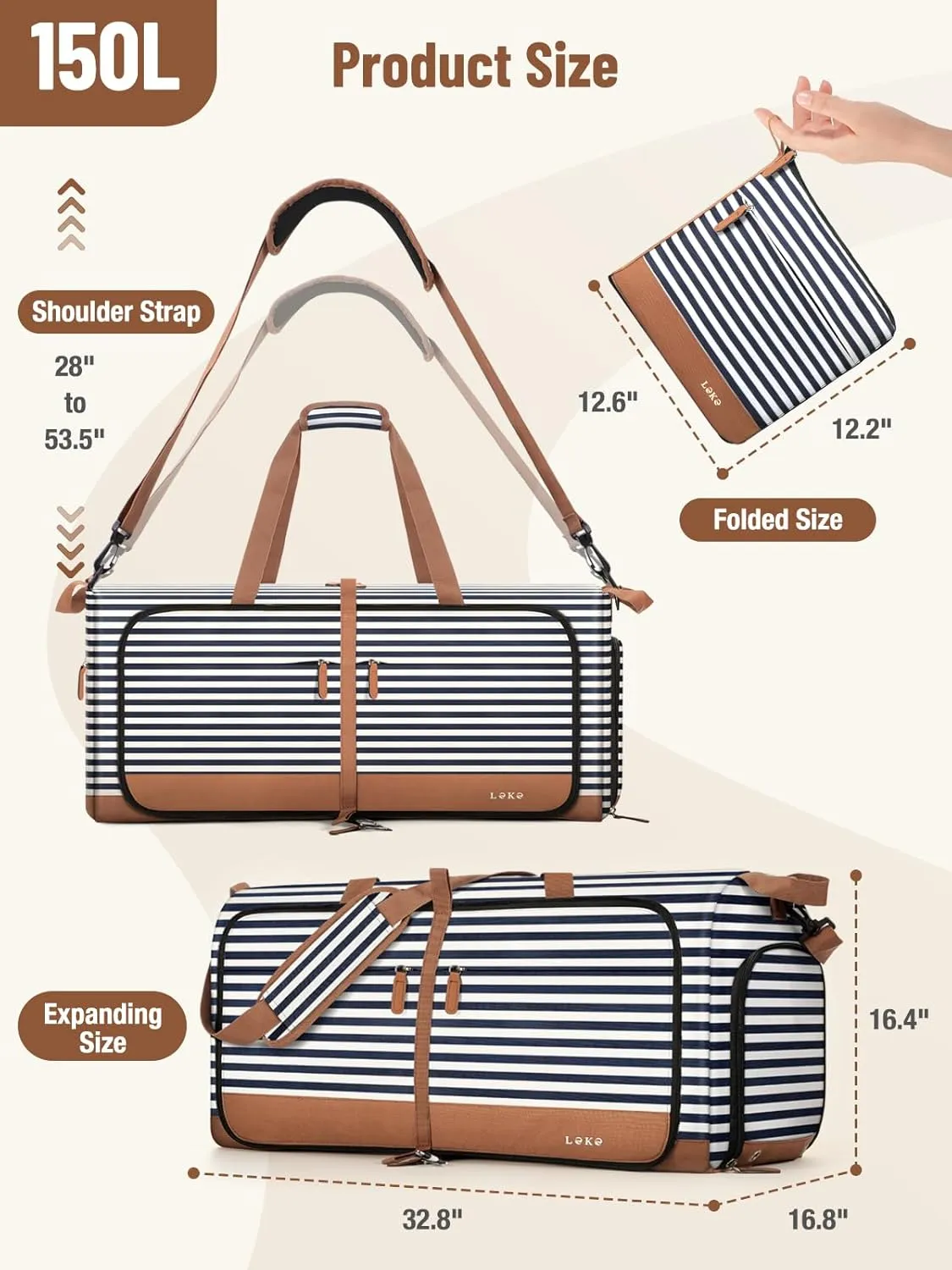 Lekesky Foldable Travel Duffle Bag for Women, 150L Large Duffel Bag with Separate Shoes Compartments & Straps, Carry On Weekend Bag for Women, Hospital, Overnight (Blue Stripes)