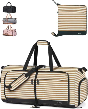 Lekesky Foldable Travel Duffle Bag for Women, Large Duffel Bag with Separate Shoes Compartments & Straps, Carry On Weekend Bag for Women, Hospital, Overnight (Stripe & Beige, 80L)
