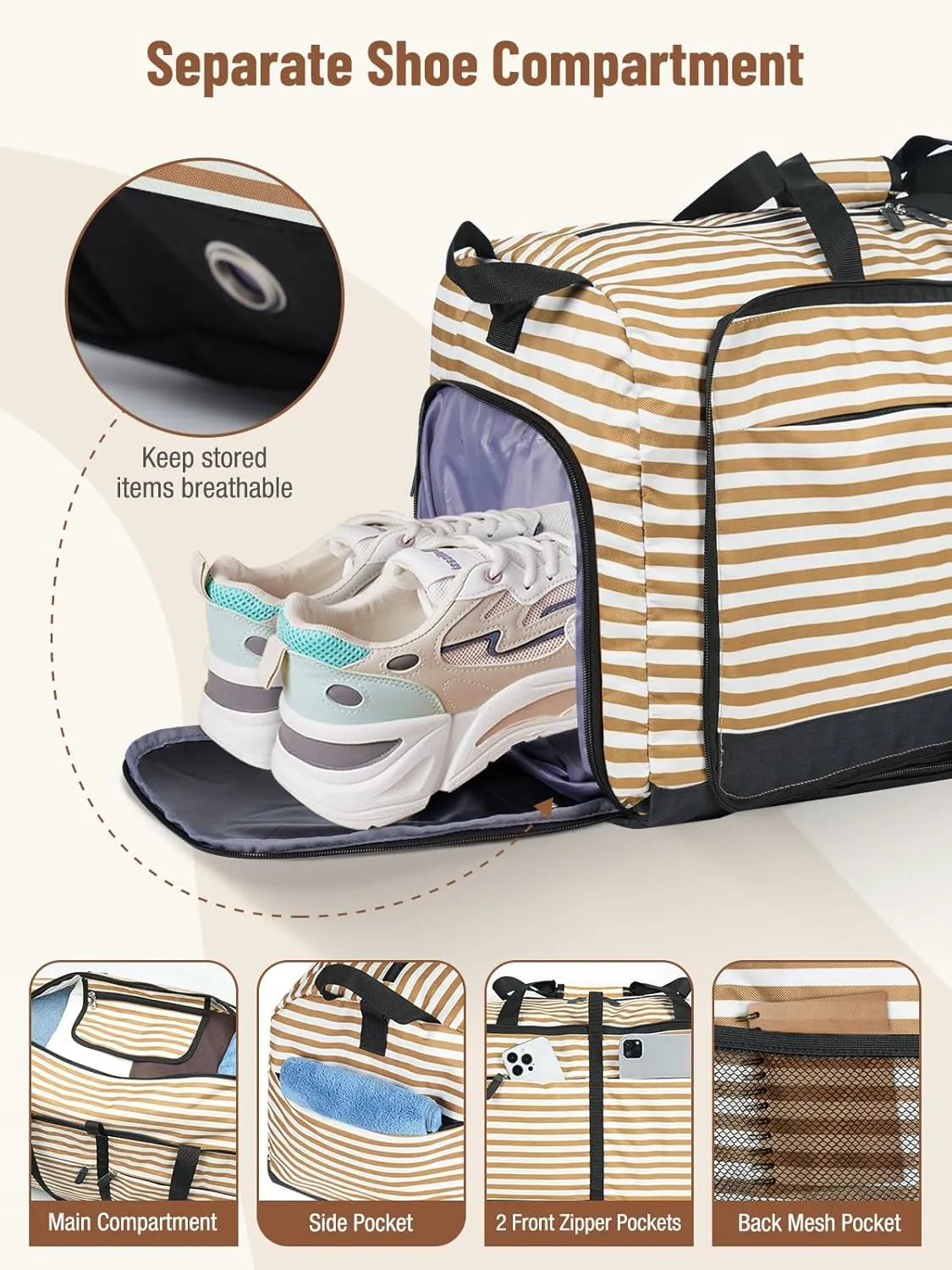 Lekesky Foldable Travel Duffle Bag for Women, Large Duffel Bag with Separate Shoes Compartments & Straps, Carry On Weekend Bag for Women, Hospital, Overnight (Stripe & Beige, 80L)