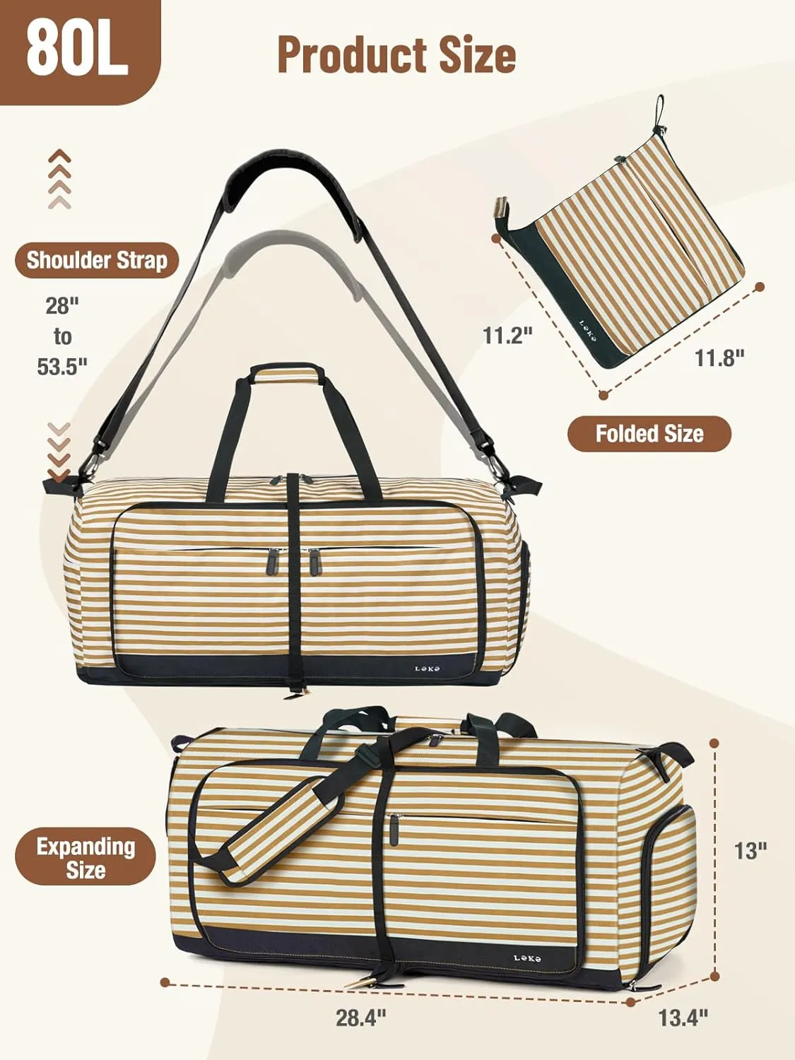 Lekesky Foldable Travel Duffle Bag for Women, Large Duffel Bag with Separate Shoes Compartments & Straps, Carry On Weekend Bag for Women, Hospital, Overnight (Stripe & Beige, 80L)