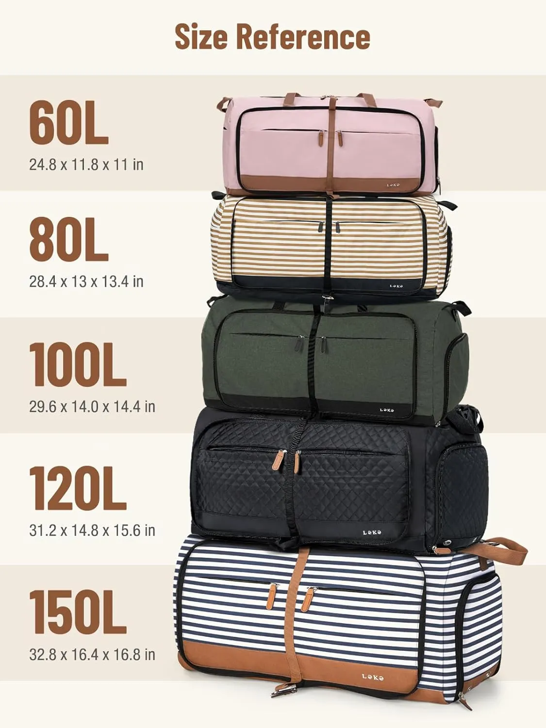 Lekesky Foldable Travel Duffle Bag for Women, Large Duffel Bag with Separate Shoes Compartments & Straps, Carry On Weekend Bag for Women, Hospital, Overnight (Stripe & Beige, 80L)