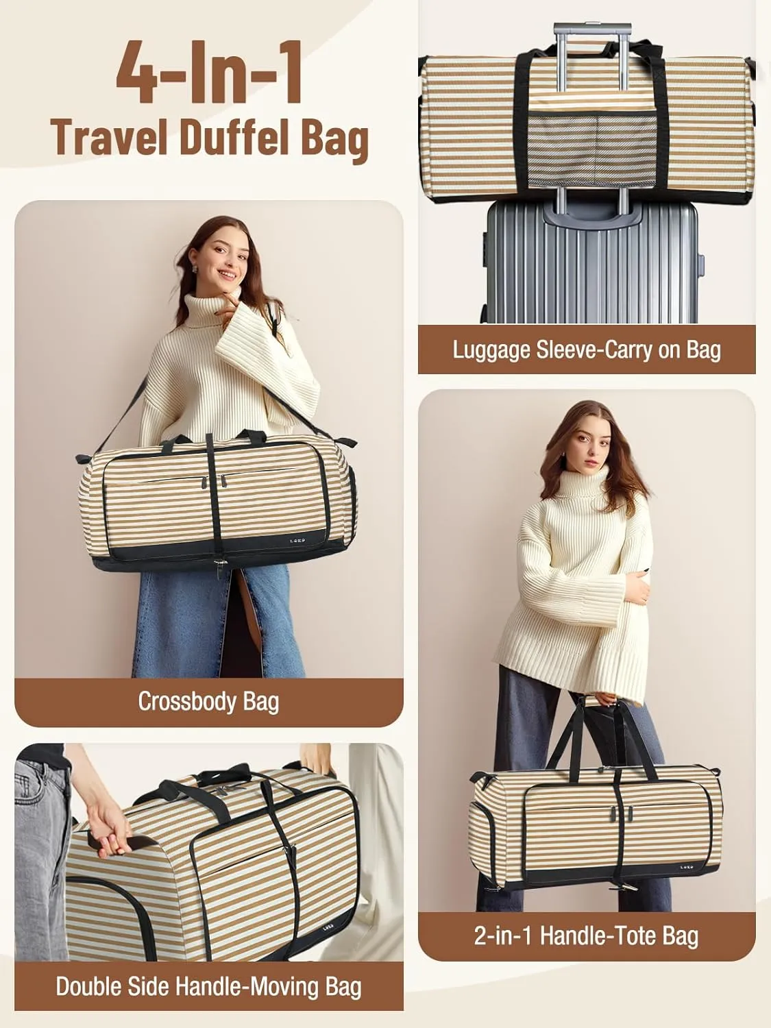Lekesky Foldable Travel Duffle Bag for Women, Large Duffel Bag with Separate Shoes Compartments & Straps, Carry On Weekend Bag for Women, Hospital, Overnight (Stripe & Beige, 80L)