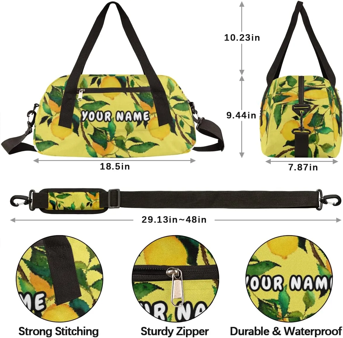 Lemon Citrus Fruits Personalized Kids Duffel Bag for Girls Boys, Lemon Debris Custom Name Dance Bag Overnight Small Duffel Bag Carry On Weekend Sports Travel Bag for School Practice Gymnastics Ballet