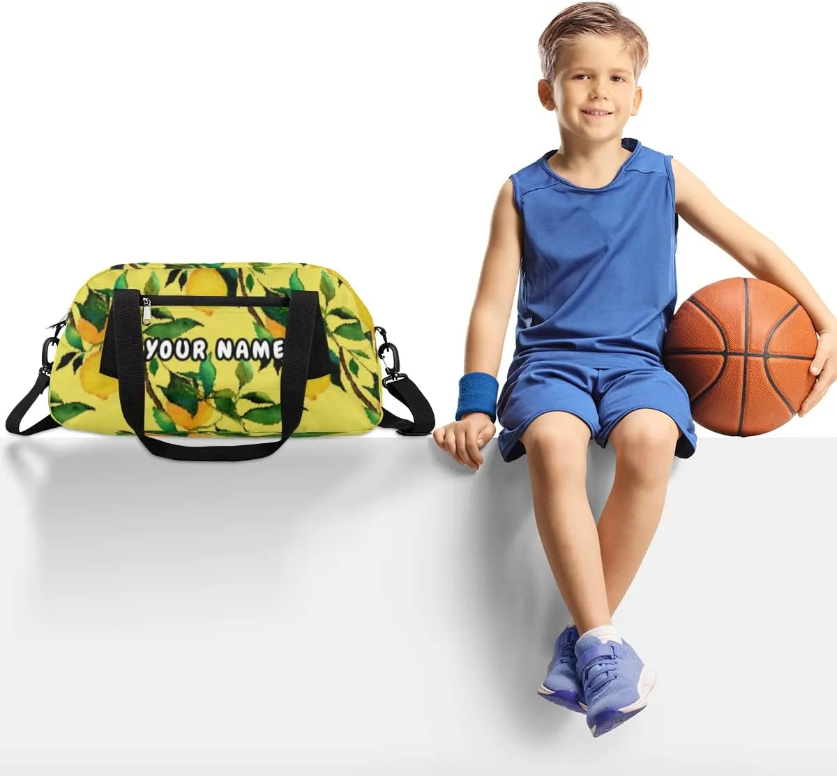 Lemon Citrus Fruits Personalized Kids Duffel Bag for Girls Boys, Lemon Debris Custom Name Dance Bag Overnight Small Duffel Bag Carry On Weekend Sports Travel Bag for School Practice Gymnastics Ballet