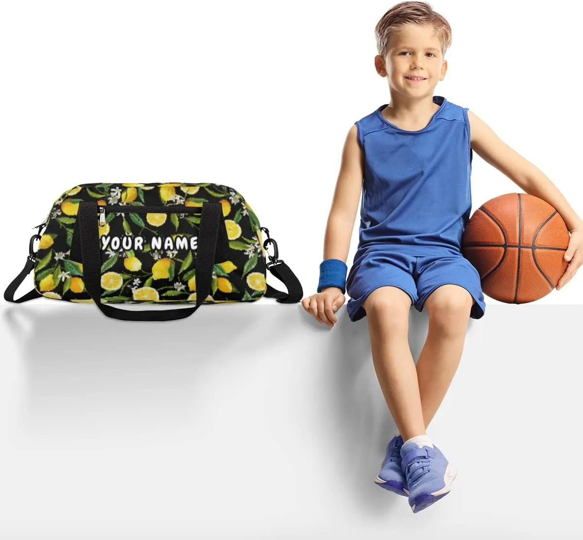 Lemon Leaf Flower Personalized Kids Duffel Bag for Girls Boys, Lemon Debris Custom Name Dance Bag Overnight Small Duffel Bag Carry On Weekend Sports Travel Bag for School Practice Gymnastics Ballet