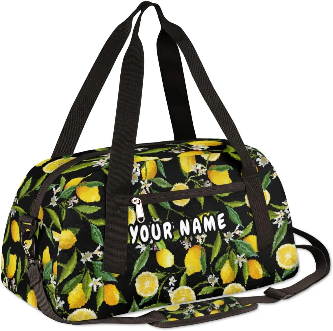 Lemon Leaf Flower Personalized Kids Duffel Bag for Girls Boys, Lemon Debris Custom Name Dance Bag Overnight Small Duffel Bag Carry On Weekend Sports Travel Bag for School Practice Gymnastics Ballet